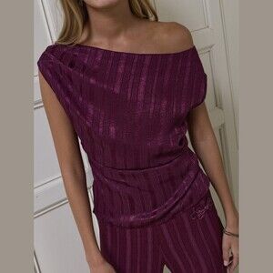 Plum Purple Satin Metallic Striped Off Shoulder Draped Tank Top Blouse